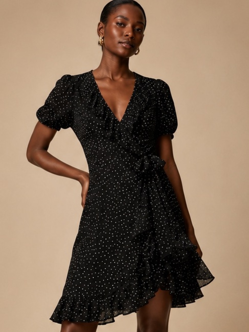 PrettyGarden Chic Black White Polka Dot Wrap Midi Dress NWT Size Large
